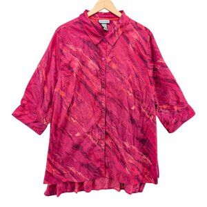 Catherines Tunic Top Womens Pink Roll Tab Sleeve Collared Button Front Size 2X